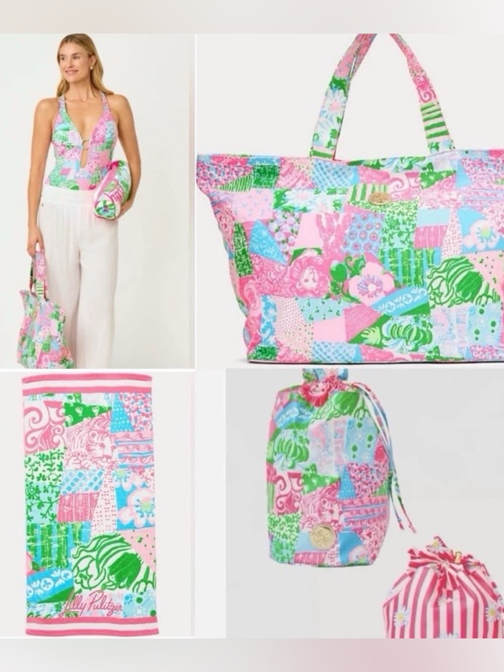 Beach Set: Tote and Towel and Pool Pouch set in Multi Crazy Quilt
